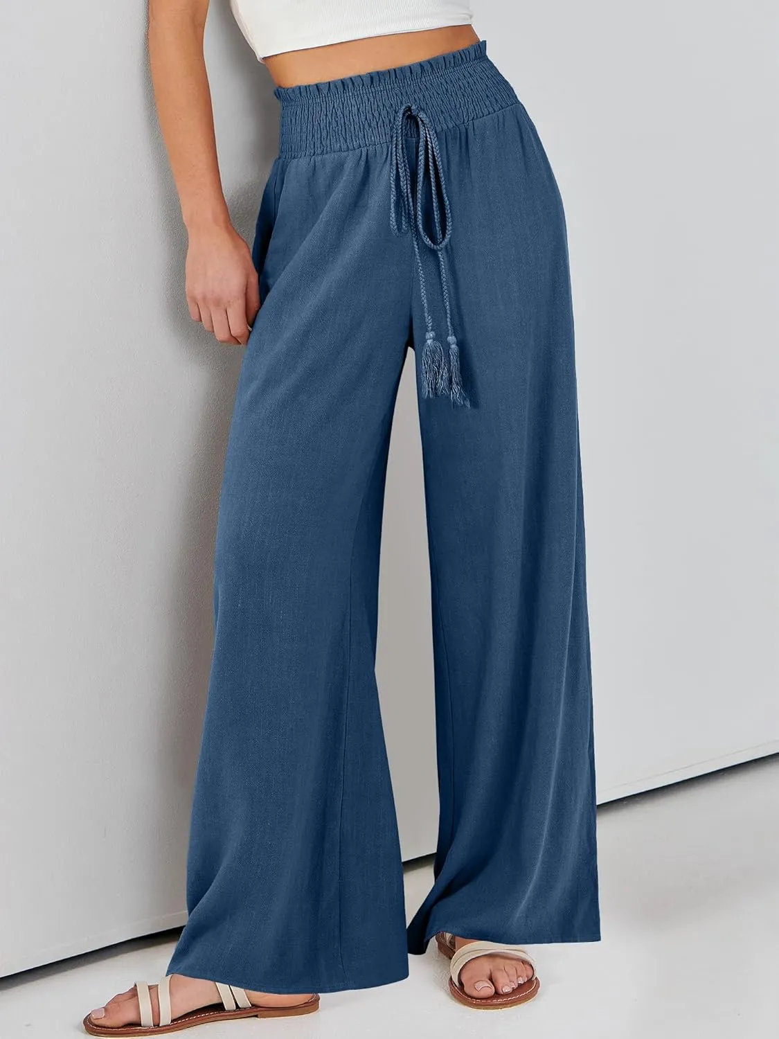 ANRABESS Women's Linen Pants Summer Casual Palazzo Beach Pant Drawstring High Waist Wide Leg Trousers Vacation Outfits