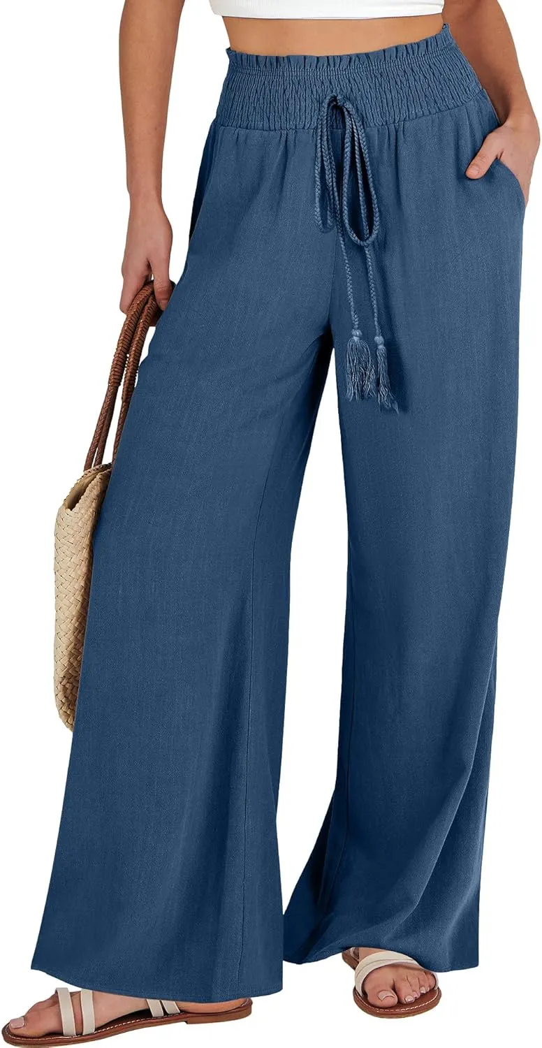 ANRABESS Women's Linen Pants Summer Casual Palazzo Beach Pant Drawstring High Waist Wide Leg Trousers Vacation Outfits