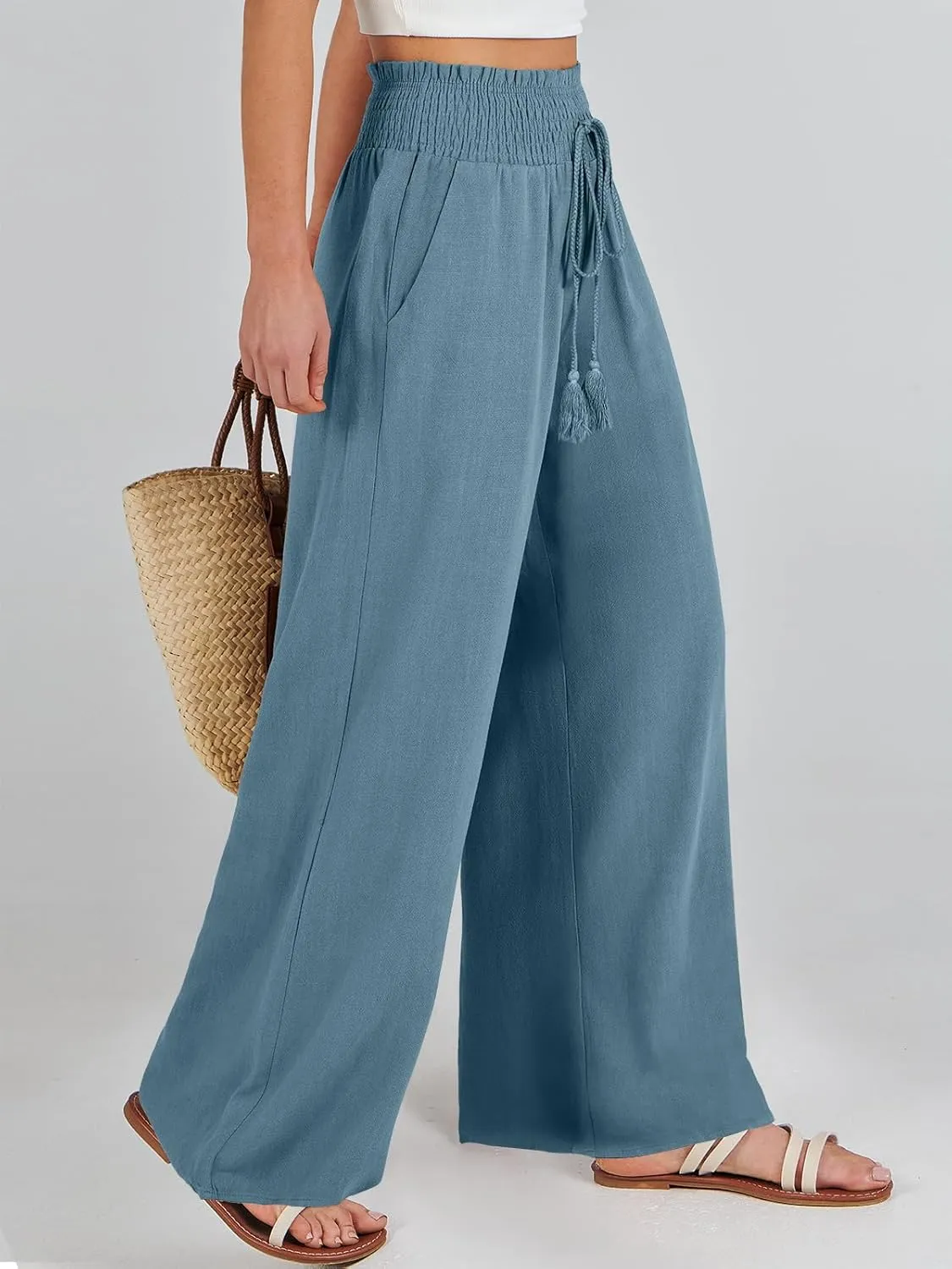 ANRABESS Women's Linen Pants Summer Casual Palazzo Beach Pant Drawstring High Waist Wide Leg Trousers Vacation Outfits