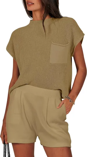 ANRABESS Women's Two Piece Summer Outfits Knit Sweater Short Sets Pullover Tops & Shorts Lounge Matching Clothes Set