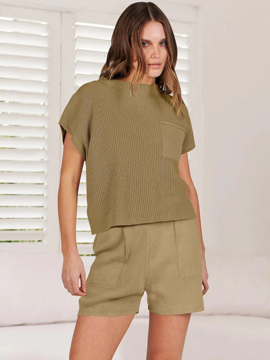 ANRABESS Women's Two Piece Summer Outfits Knit Sweater Short Sets Pullover Tops & Shorts Lounge Matching Clothes Set