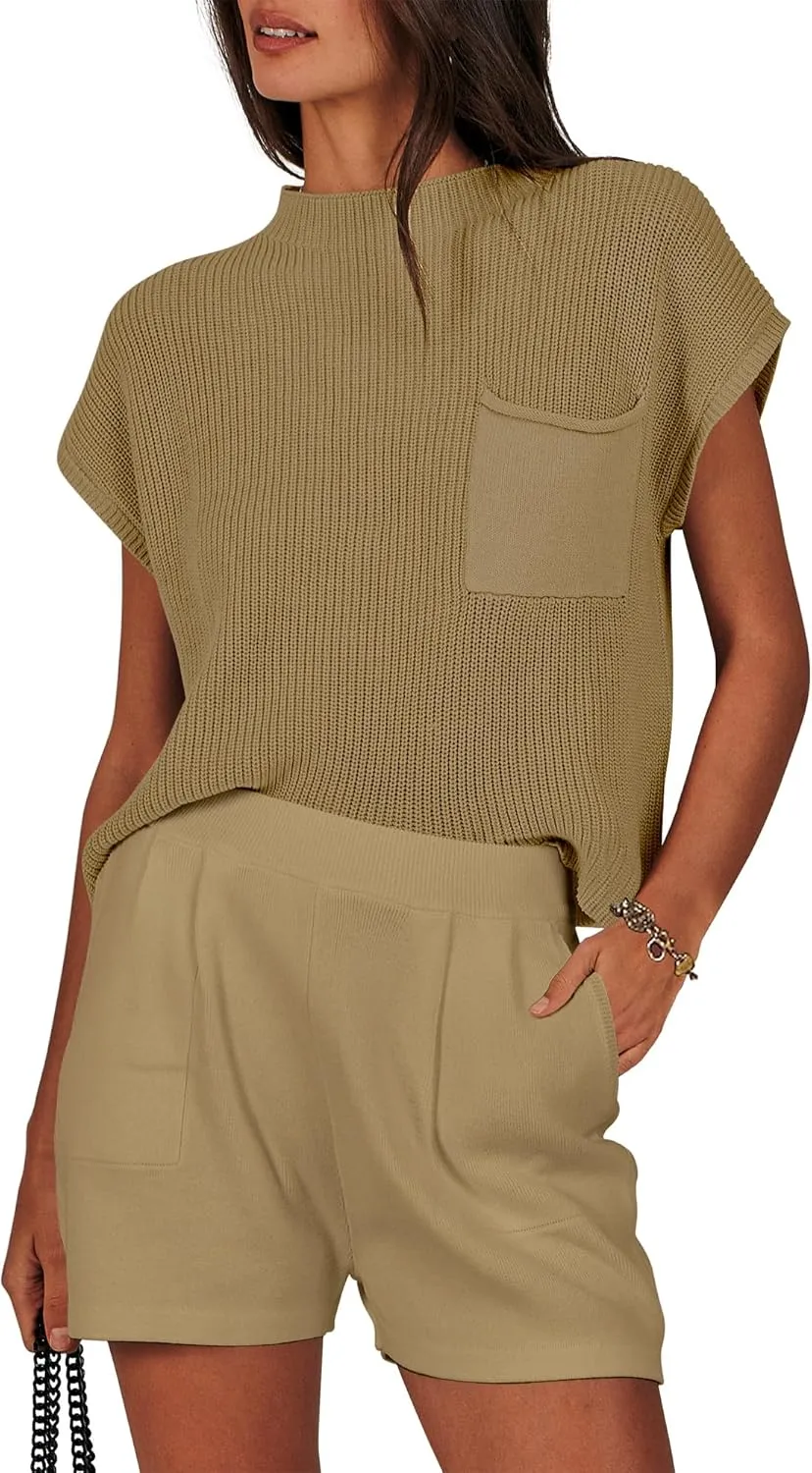 ANRABESS Women's Two Piece Summer Outfits Knit Sweater Short Sets Pullover Tops & Shorts Lounge Matching Clothes Set
