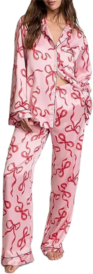 Aopwsrlyi Women's Satin Silk Pajama Set 2 Piece Christmas Pjs Set Feather Trim Long Sleeve Button Down Shirt and Pants Set