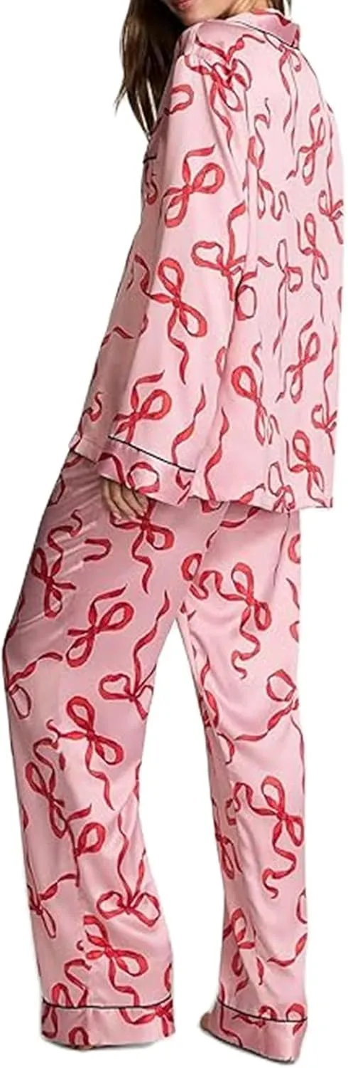 Aopwsrlyi Women's Satin Silk Pajama Set 2 Piece Christmas Pjs Set Feather Trim Long Sleeve Button Down Shirt and Pants Set