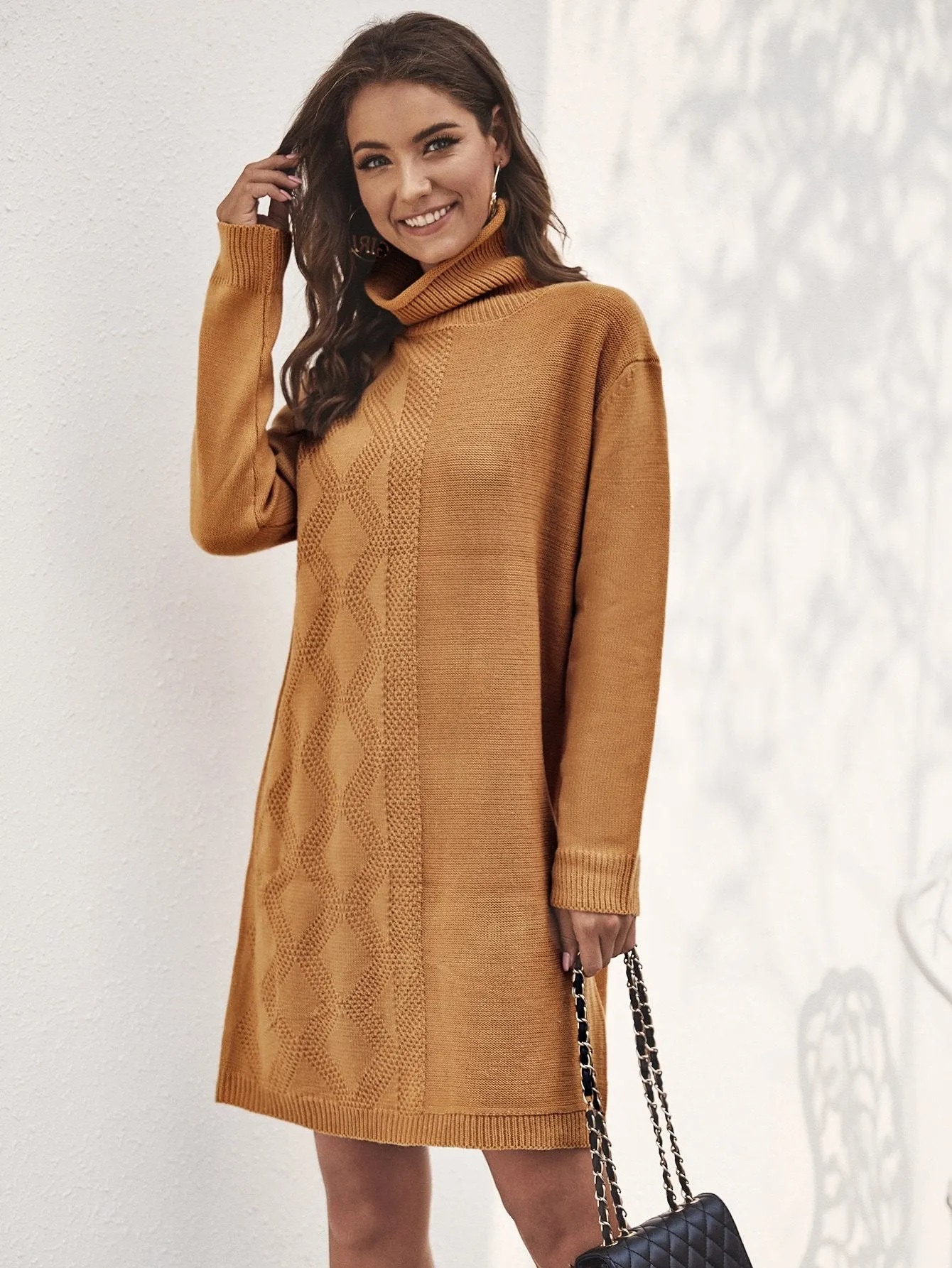 Argyle Knit Turtleneck Jumper Dress