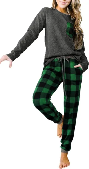 Artfish Women's Loungewear Outfits Pjs Long Sleeve Tops and Buffalo Plaid Joggers Pants Pajamas Set with Pockets
