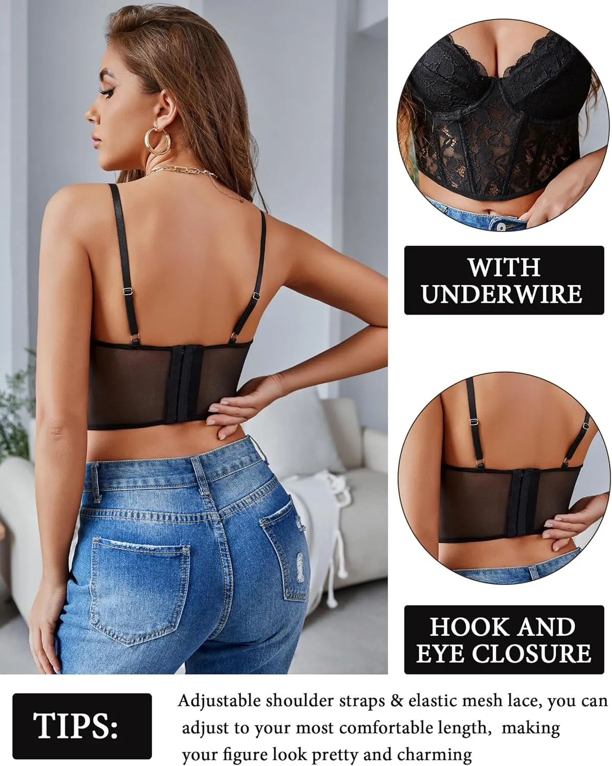Avidlove Lace Bralette for Women V Neck Bustier Corset Tops with Underwired Racerback Adjustable Strap Crop Top
