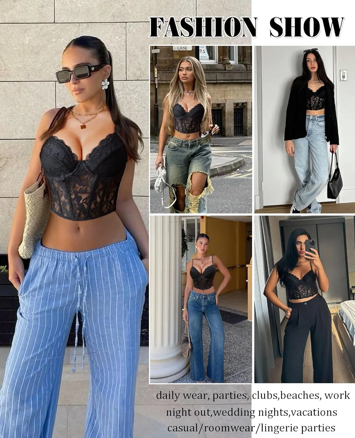 Avidlove Lace Bralette for Women V Neck Bustier Corset Tops with Underwired Racerback Adjustable Strap Crop Top