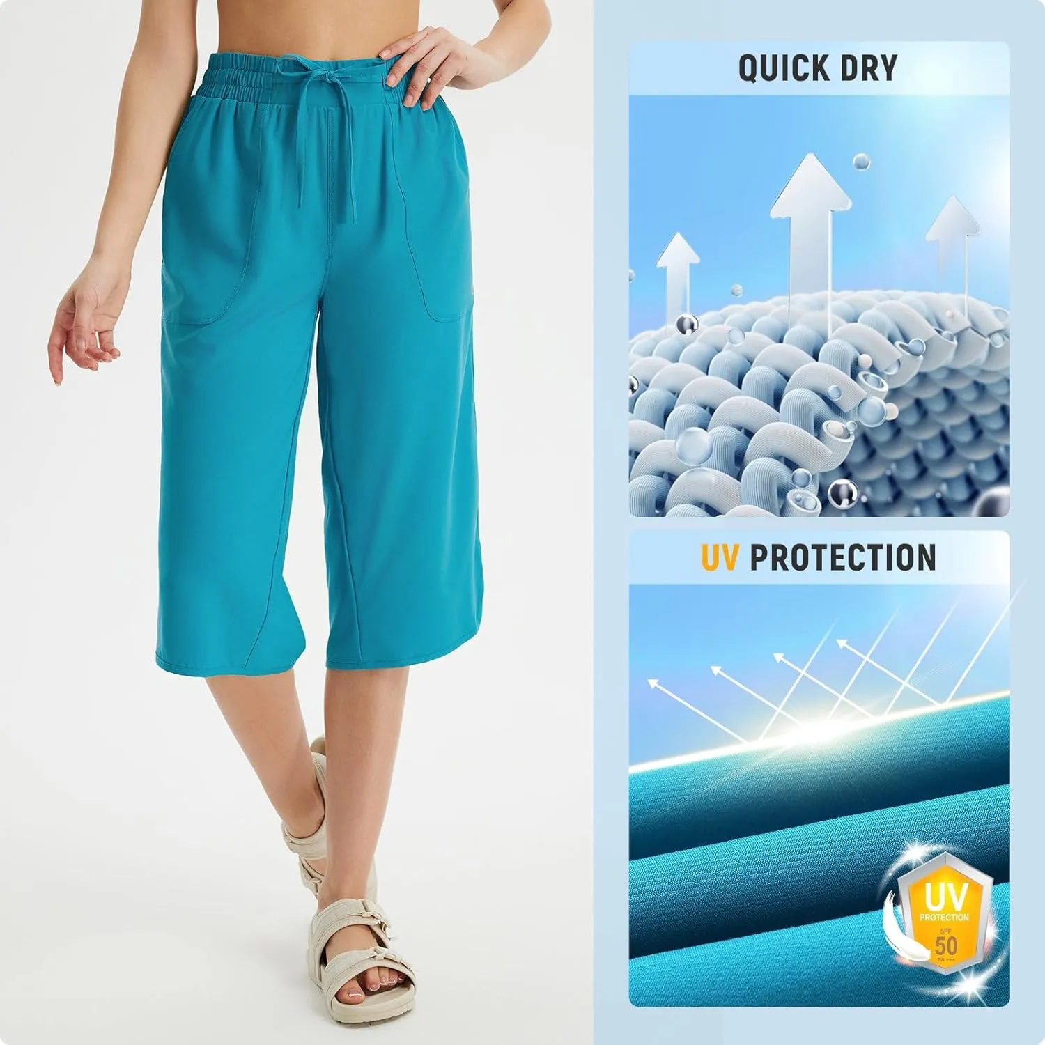 baleaf Women's Capri Pants Wide Leg Plus Size UPF50  Lightweight Quick Dry Pants Casual Loose Sweatpants Hiking Walking
