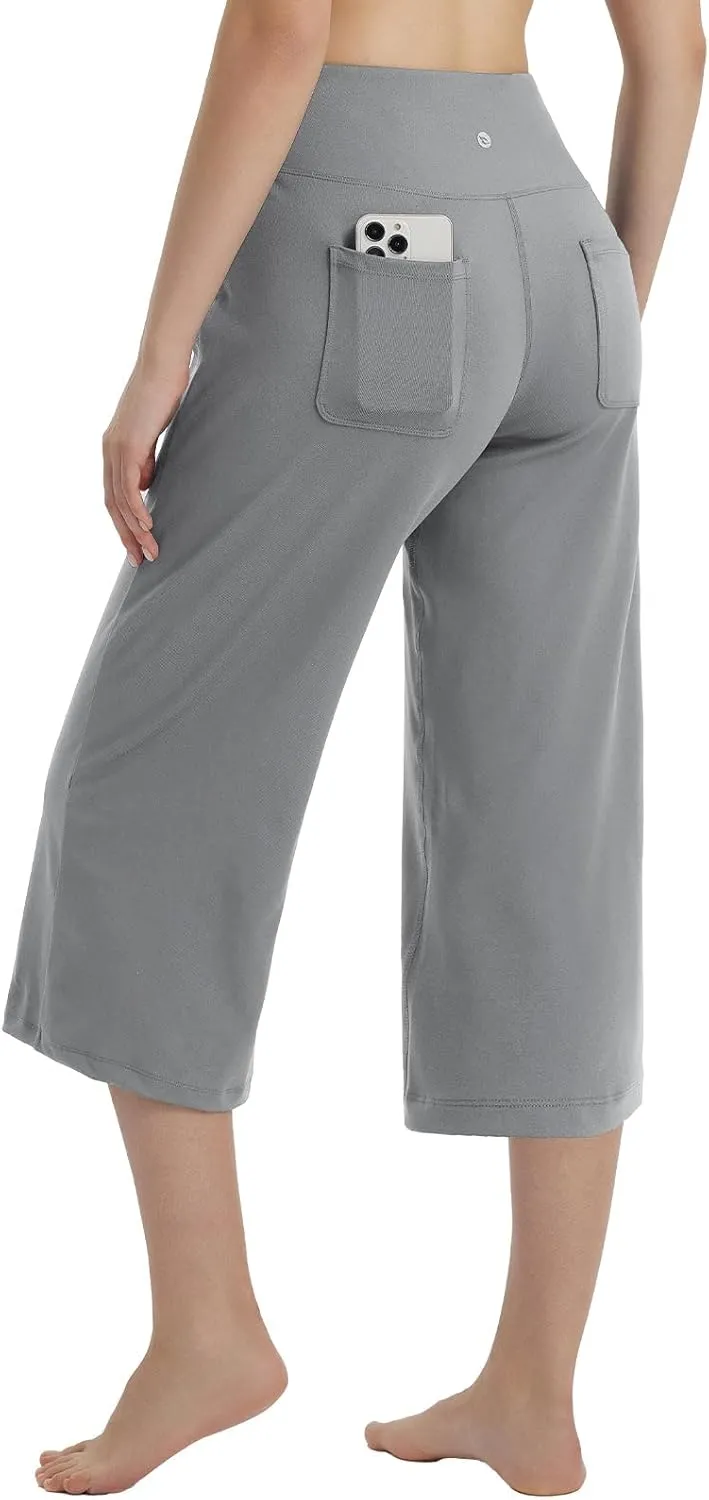 baleaf Women's Capri Pants Wide Leg Yoga Dress Capris High Waist Cropped Pants with Pockets Loose Lounge Travel Summer