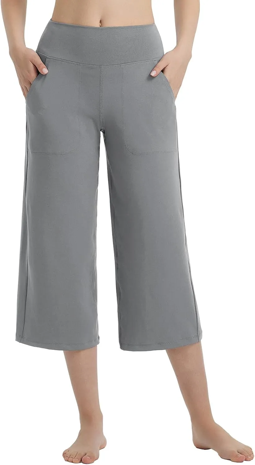 baleaf Women's Capri Pants Wide Leg Yoga Dress Capris High Waist Cropped Pants with Pockets Loose Lounge Travel Summer