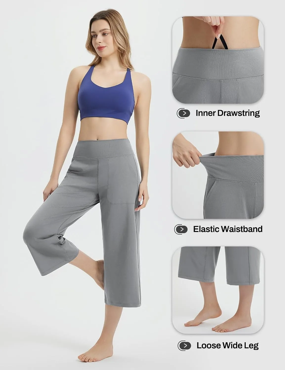 baleaf Women's Capri Pants Wide Leg Yoga Dress Capris High Waist Cropped Pants with Pockets Loose Lounge Travel Summer