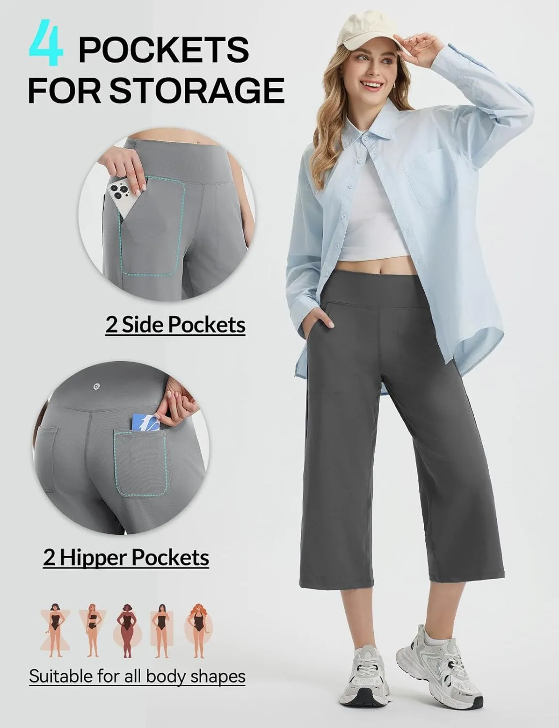baleaf Women's Capri Pants Wide Leg Yoga Dress Capris High Waist Cropped Pants with Pockets Loose Lounge Travel Summer