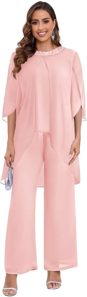 BANTRATIC 2 Pieces Mother of The Bride Pantsuits for Wedding Half Sleeve Chiffon Formal Evening Prom Cocktail Pant Outfit