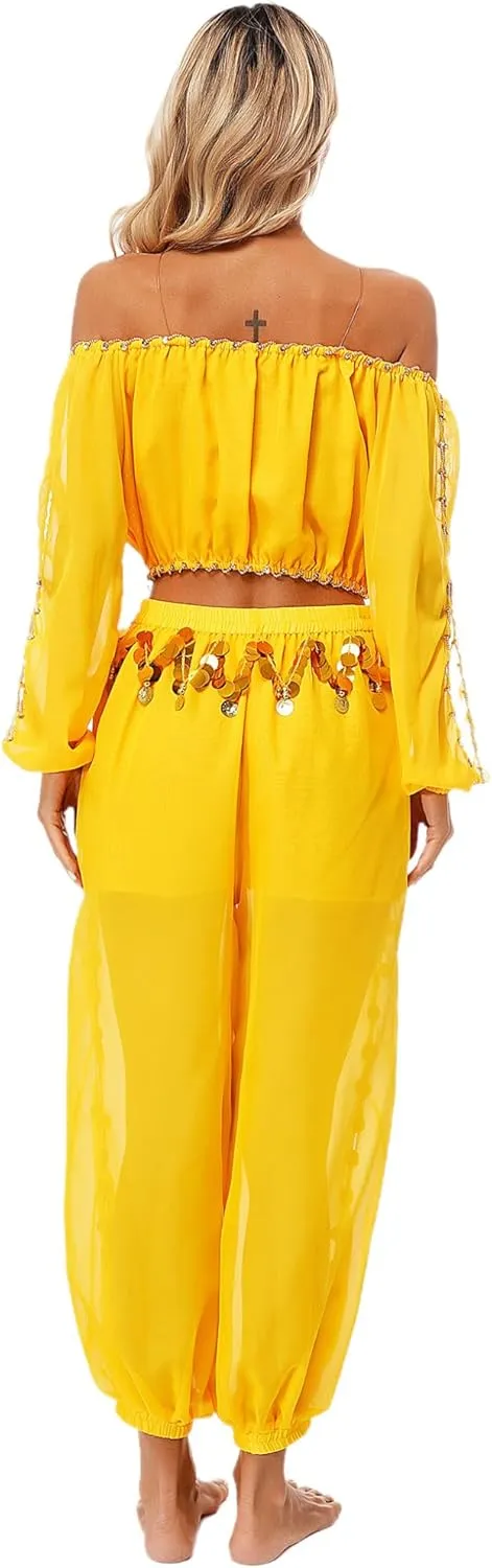 Belly Dance Costume for Women 2Pcs Dancing Outfits Crop Top Harem Pants with Built-in Shorts