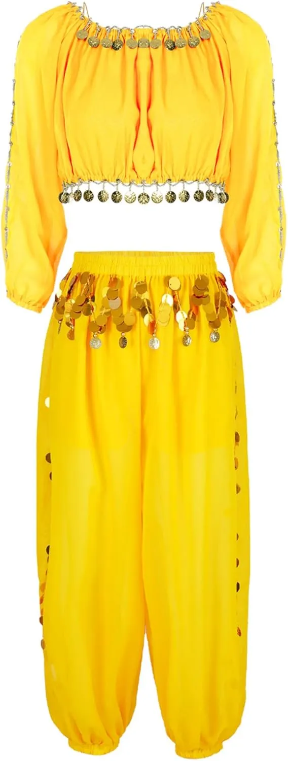 Belly Dance Costume for Women 2Pcs Dancing Outfits Crop Top Harem Pants with Built-in Shorts