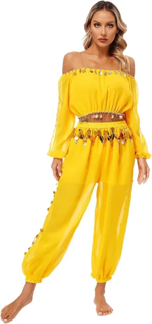 Belly Dance Costume for Women 2Pcs Dancing Outfits Crop Top Harem Pants with Built-in Shorts