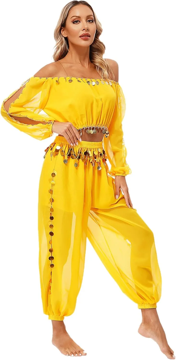 Belly Dance Costume for Women 2Pcs Dancing Outfits Crop Top Harem Pants with Built-in Shorts