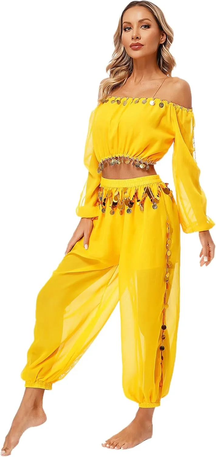 Belly Dance Costume for Women 2Pcs Dancing Outfits Crop Top Harem Pants with Built-in Shorts