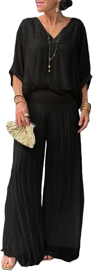 Bengbobar Women's 2 Piece Outfits Dressy Pant Suits for Women V Neck Tops and Long Chiffon Wide Leg Palazzo Pant Sets