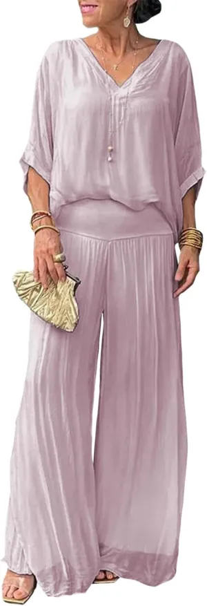 Bengbobar Women's 2 Piece Outfits Dressy Pant Suits for Women V Neck Tops and Long Chiffon Wide Leg Palazzo Pant Sets