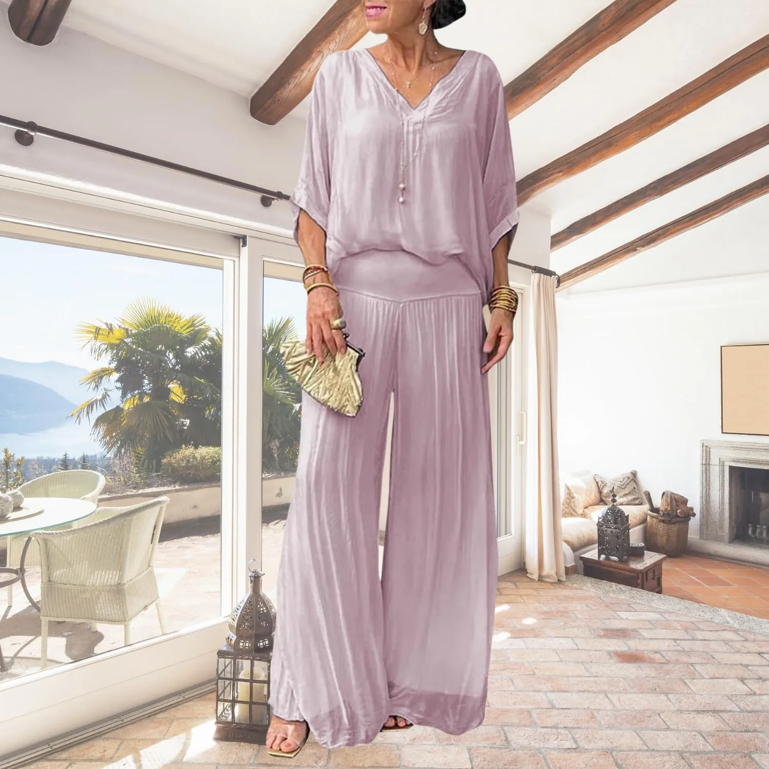 Bengbobar Women's 2 Piece Outfits Dressy Pant Suits for Women V Neck Tops and Long Chiffon Wide Leg Palazzo Pant Sets
