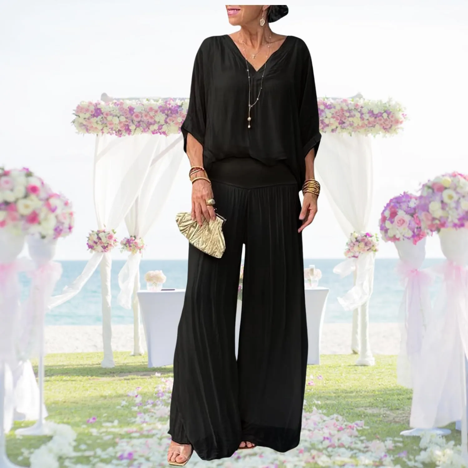 Bengbobar Women's 2 Piece Outfits Dressy Pant Suits for Women V Neck Tops and Long Chiffon Wide Leg Palazzo Pant Sets