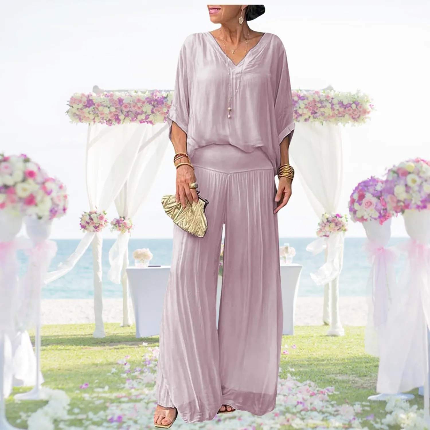 Bengbobar Women's 2 Piece Outfits Dressy Pant Suits for Women V Neck Tops and Long Chiffon Wide Leg Palazzo Pant Sets