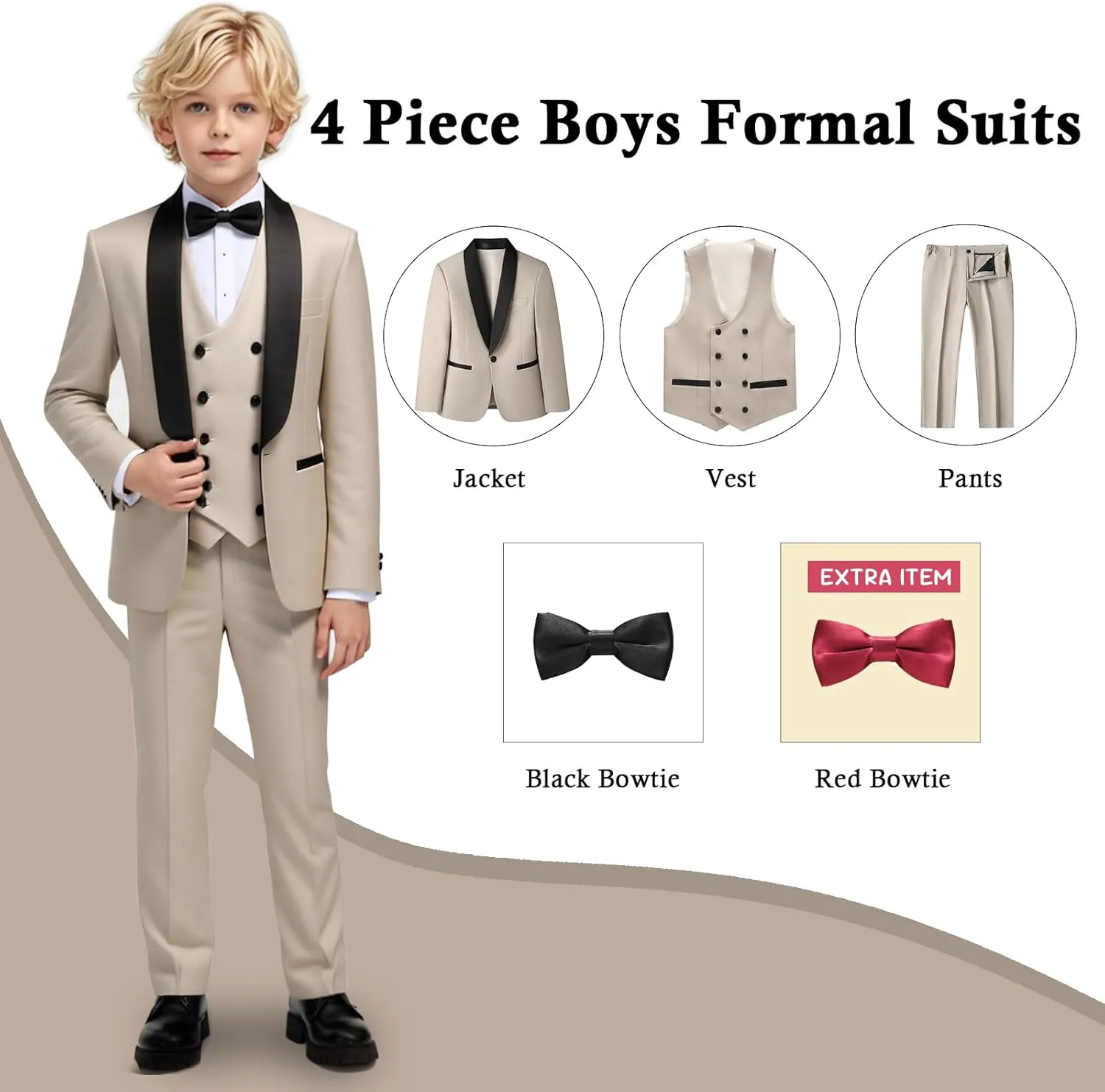 Boys Slim Fit Suits Formal Tuxedo 4 Piece Kids Dresswear Outfits with Vest Pants Jacket Bowtie Sets for Weddding