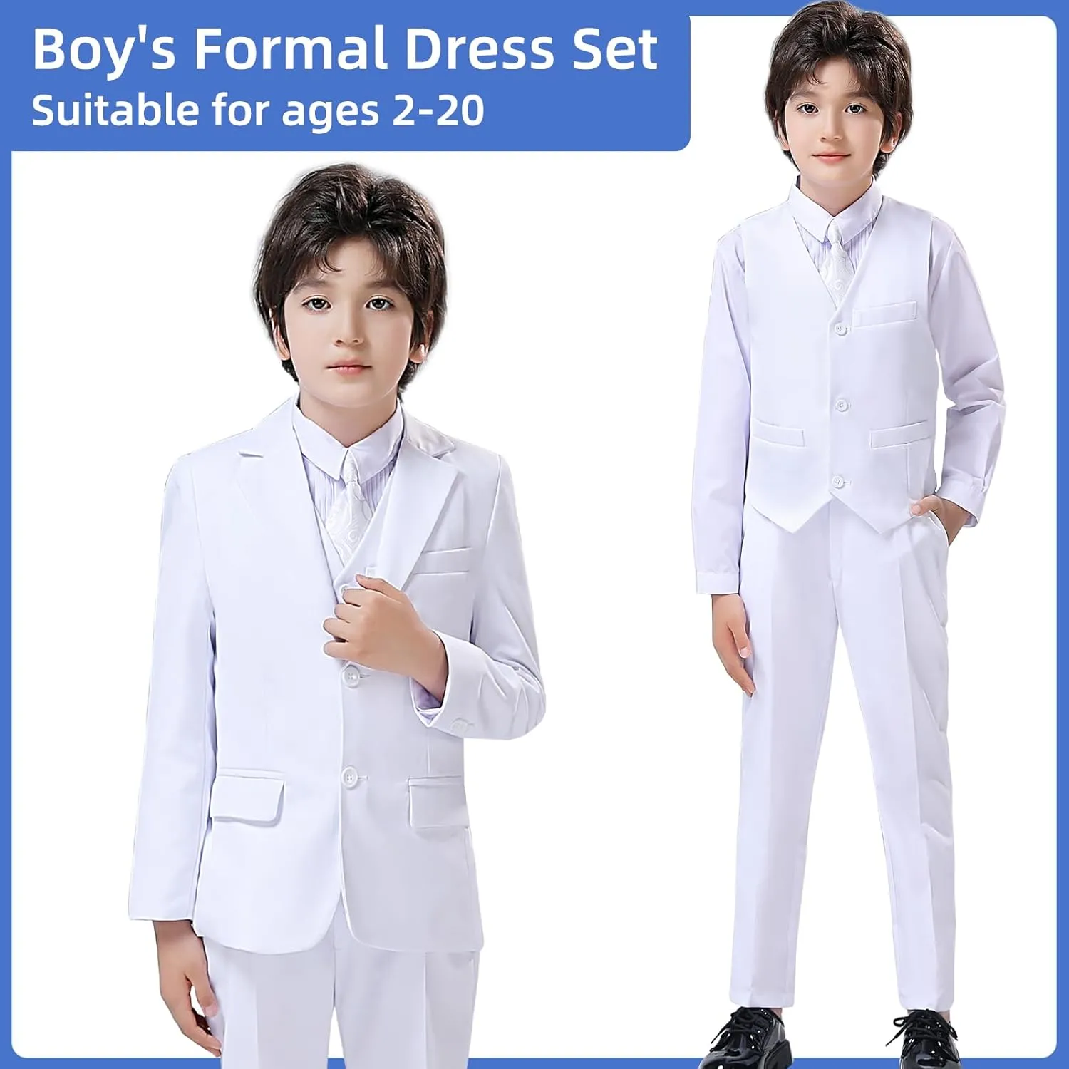 Boys Suit Slim Fit 5 Piece for Kids Toddler Suit Wedding Outfit for Teenage Boys Formal Tuxedo Set