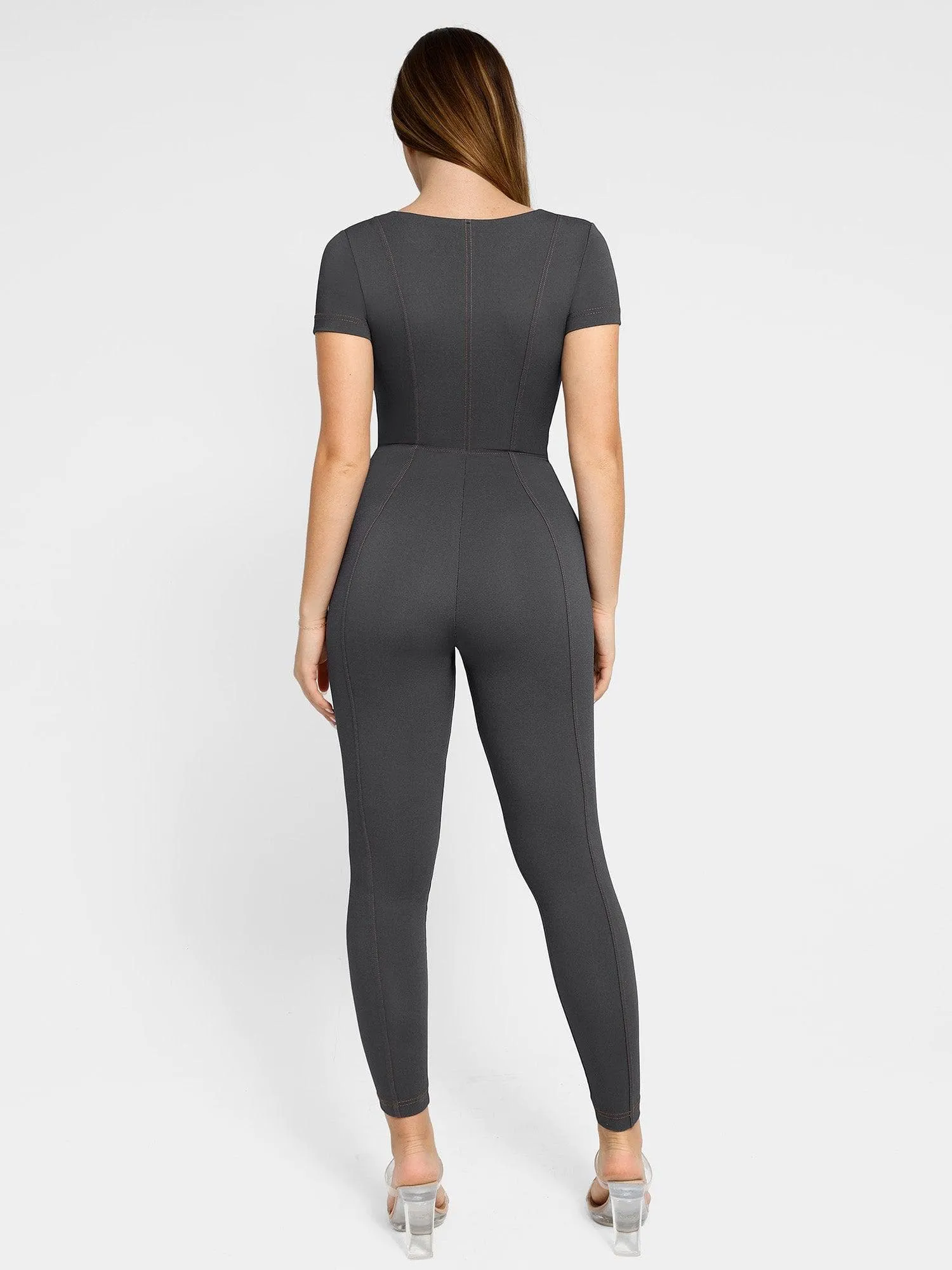 Built-In Shapewear Denim Jumpsuit With Zipper