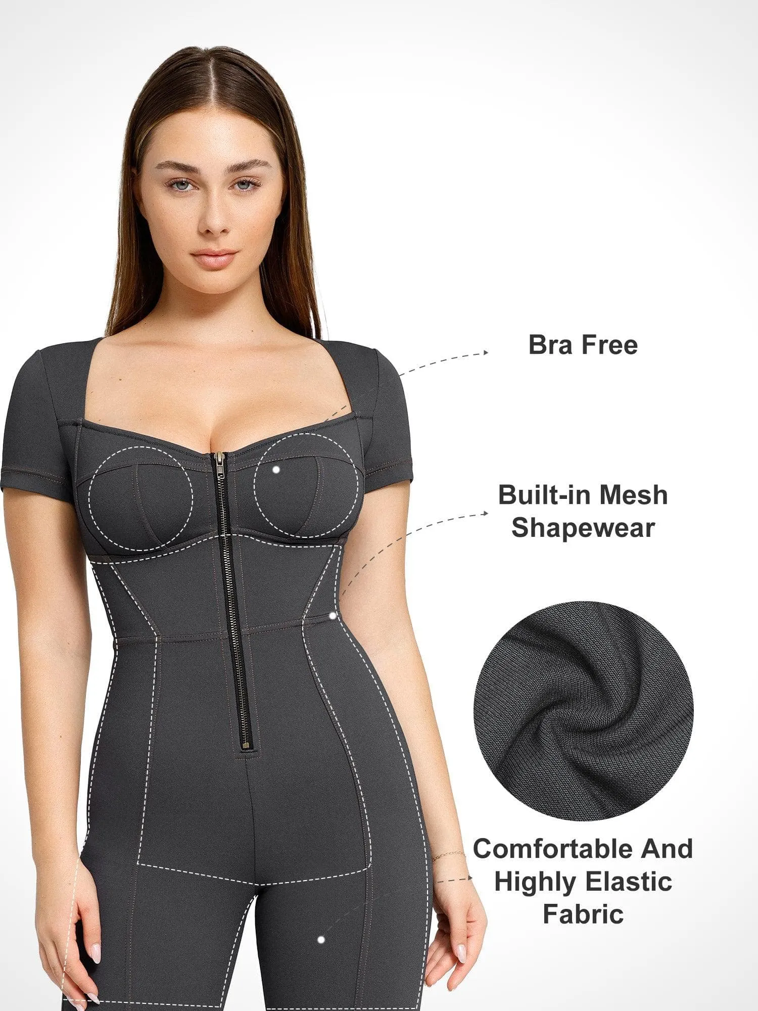 Built-In Shapewear Denim Jumpsuit With Zipper