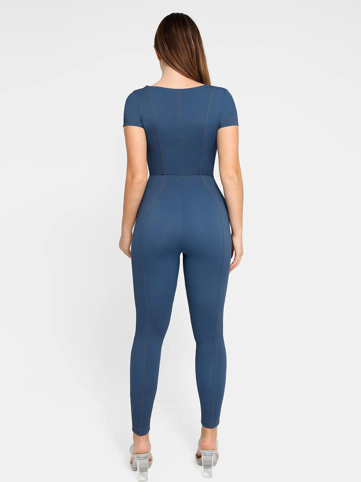 Built-In Shapewear Denim Jumpsuit With Zipper