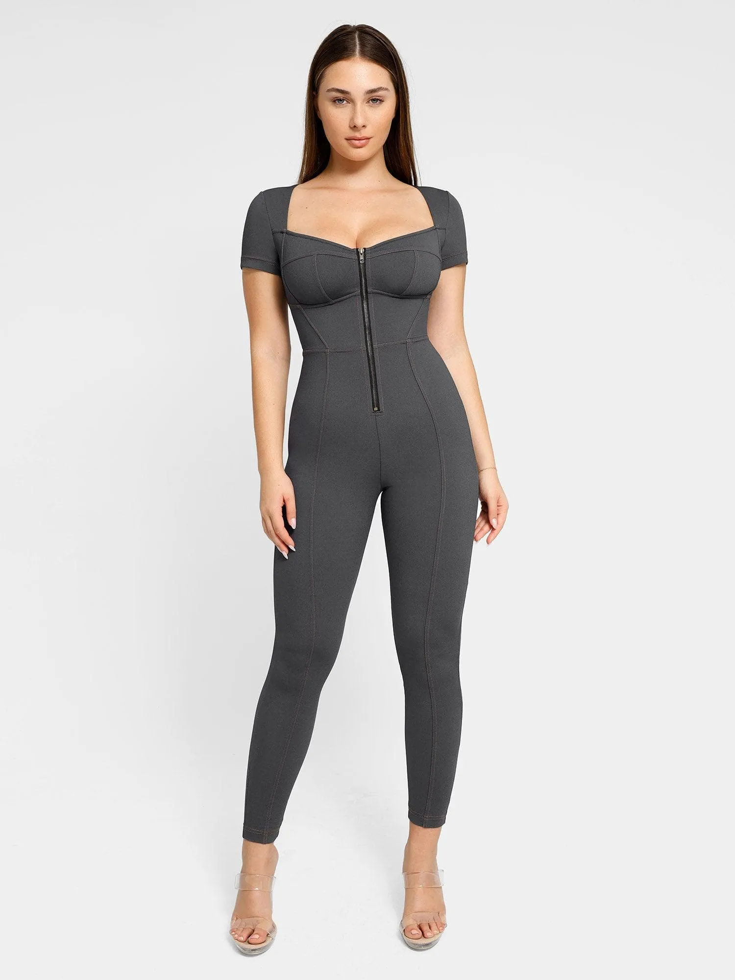 Built-In Shapewear Denim Jumpsuit With Zipper