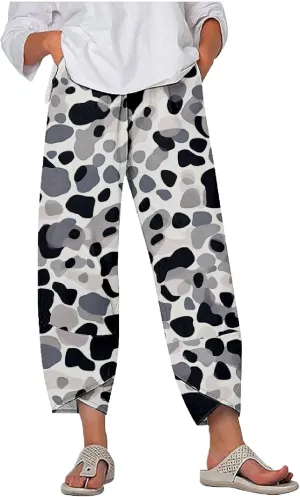 Capri Pants for Women Casual Summer Printed Cropped Linen Blend Dressy Baggy Trousers with Pockets Lounge Pants Black