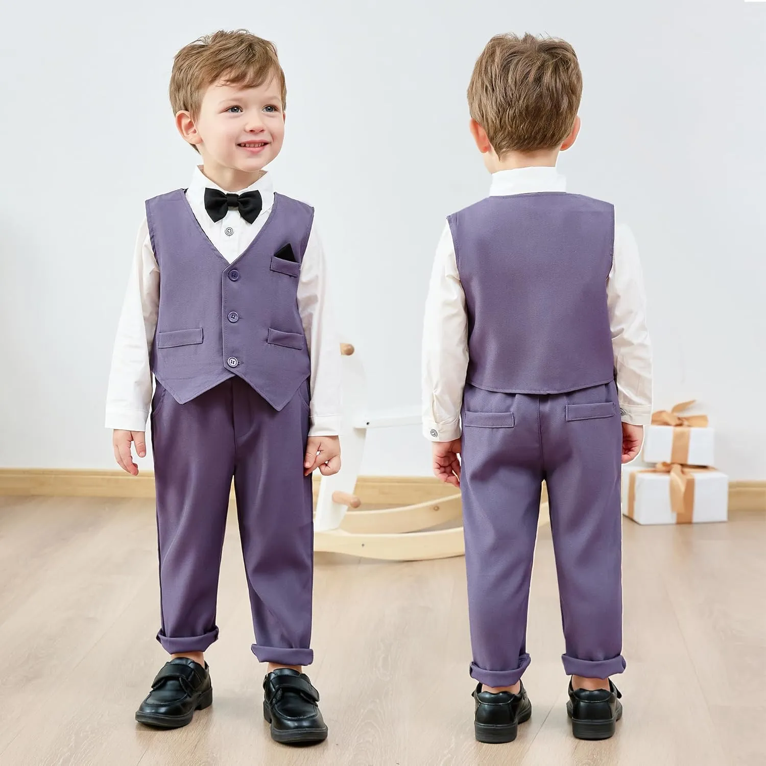 CARETOO Toddler Baby Boy Clothes Suit 5Pcs Gentleman Wedding Outfit Dress Shirt Vest Bow Tie Suspender Pant Formal Set 12M-5T