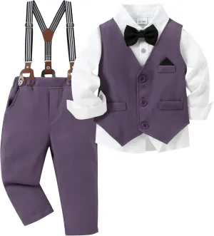 CARETOO Toddler Baby Boy Clothes Suit 5Pcs Gentleman Wedding Outfit Dress Shirt Vest Bow Tie Suspender Pant Formal Set 12M-5T