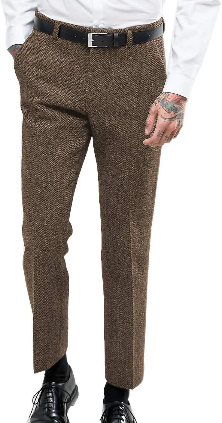 Ceehuteey Men's Retro Dress Suit Pants Thick Wool Flat Front Herringbone Tweed Trousers
