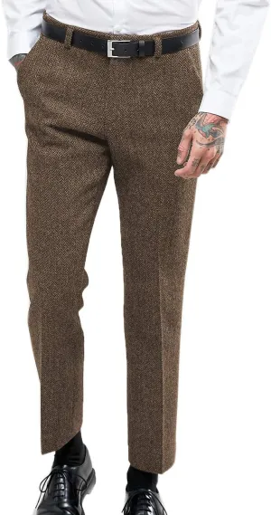 Ceehuteey Men's Retro Dress Suit Pants Thick Wool Flat Front Herringbone Tweed Trousers
