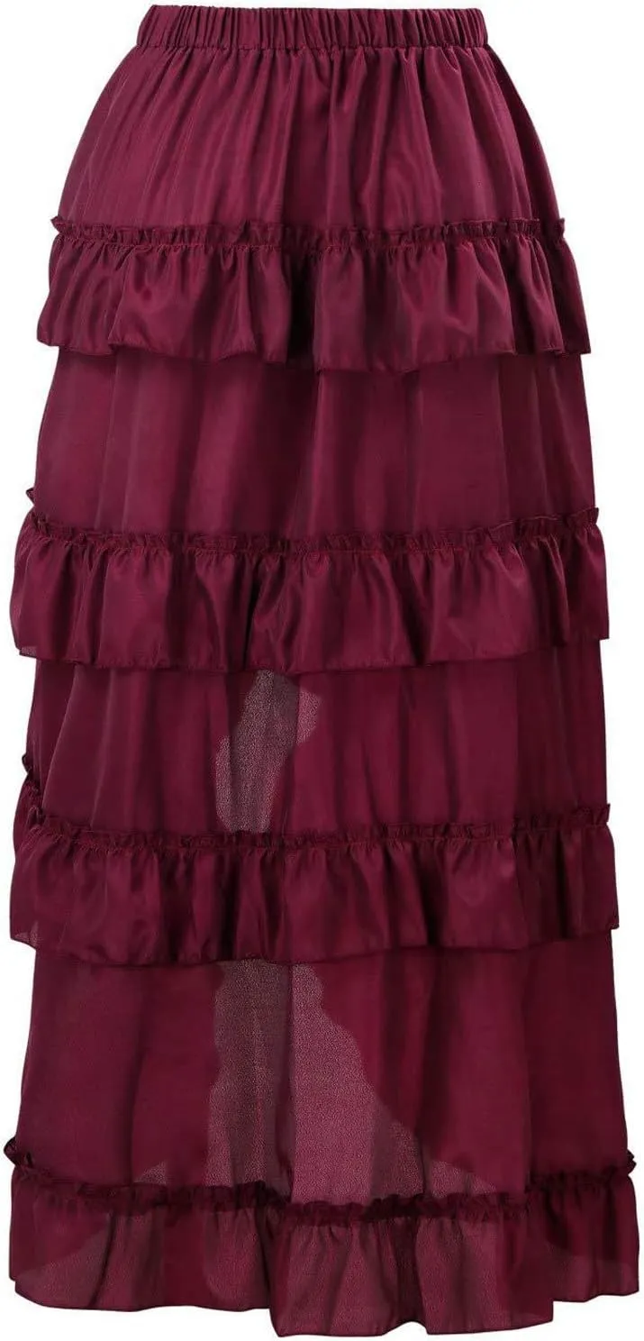 Charella Gothic Skirt for Women - Layered Ruched Hem Medieval Goth Steampunk Skirt for Halloween Masquerade Party Dress