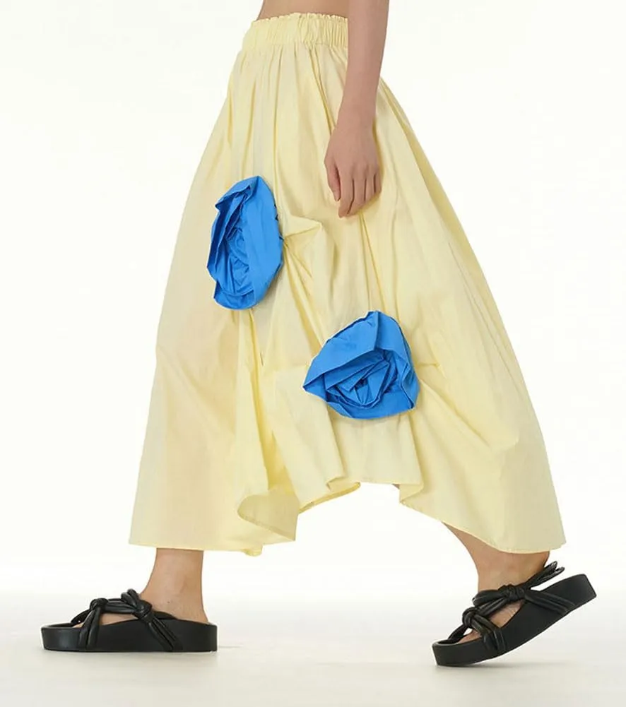 chouyatou Women's Cute 3D Floral Applique Baggy Skirt Elastic Waist Irregular Swing Midi Long Skirt with Pockets