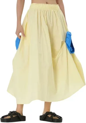 chouyatou Women's Cute 3D Floral Applique Baggy Skirt Elastic Waist Irregular Swing Midi Long Skirt with Pockets