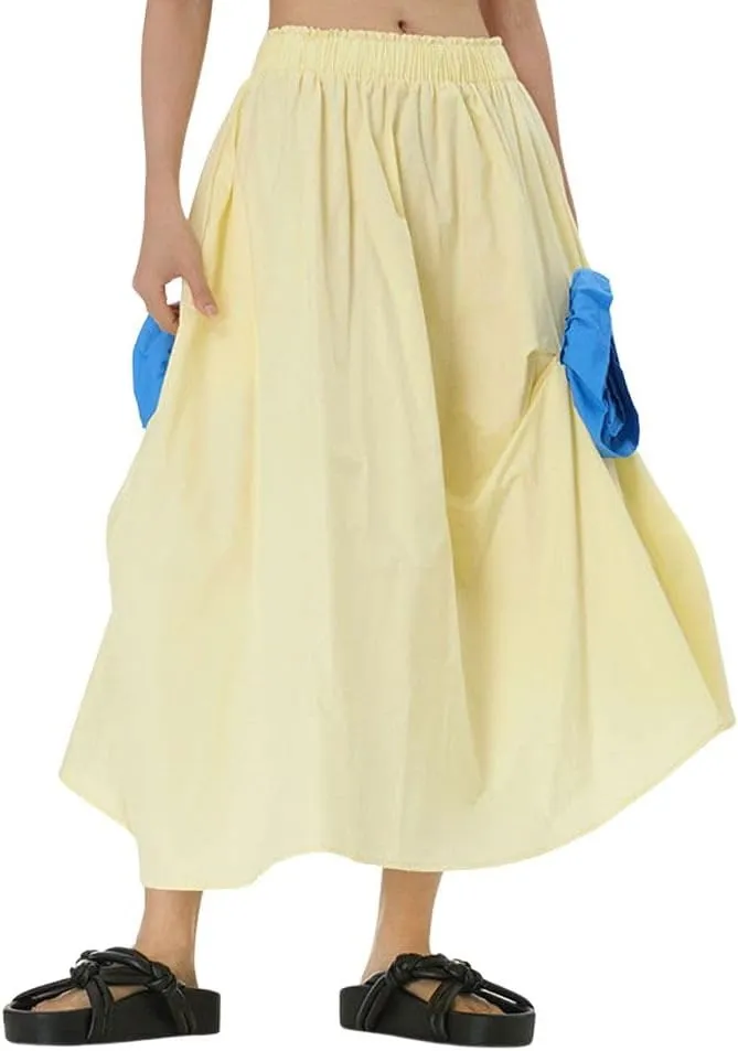 chouyatou Women's Cute 3D Floral Applique Baggy Skirt Elastic Waist Irregular Swing Midi Long Skirt with Pockets