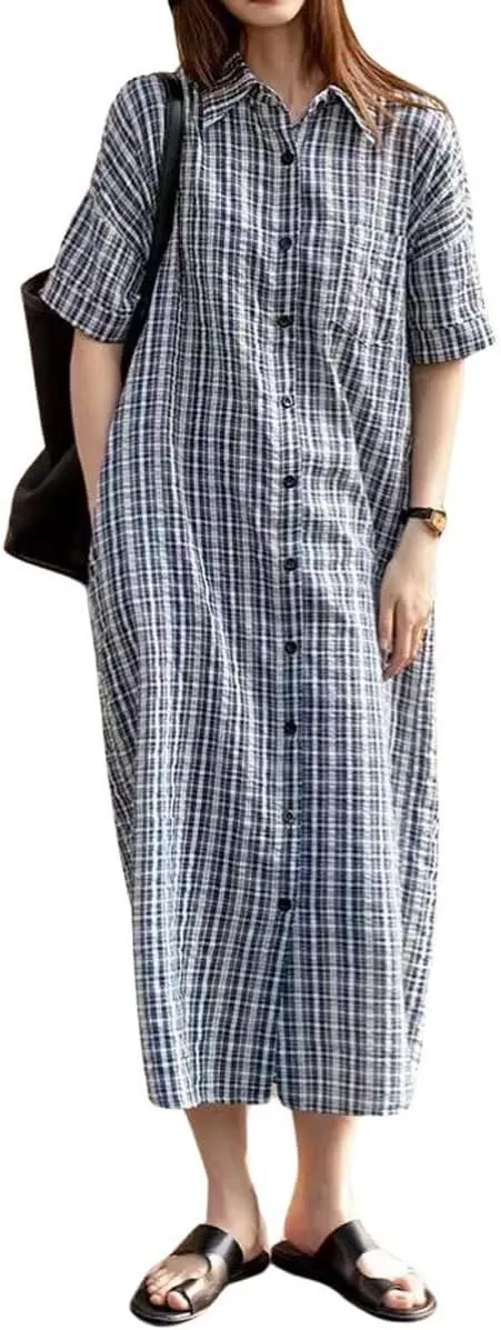 chouyatou Women's Summer Casual Short Sleeve Plaid Shirt Dress Button Down Gingham Midi Long Shift Dress