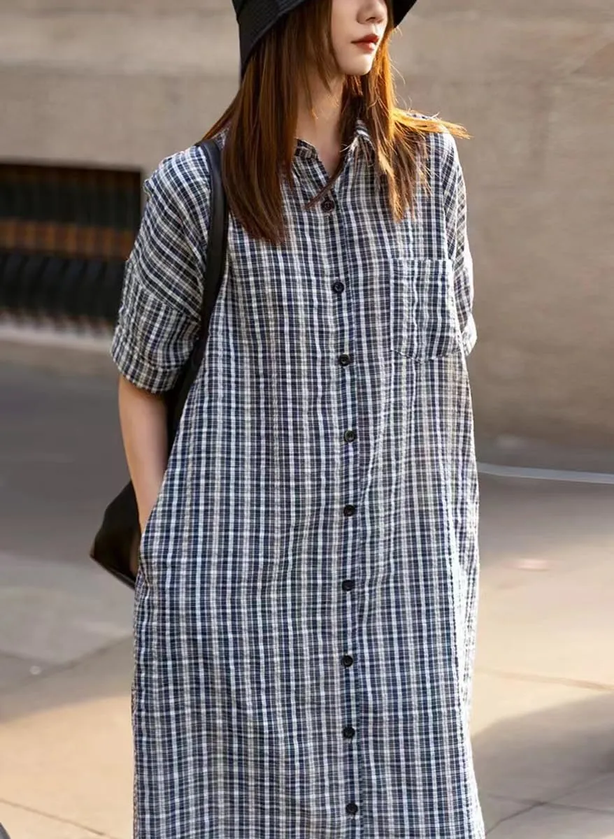 chouyatou Women's Summer Casual Short Sleeve Plaid Shirt Dress Button Down Gingham Midi Long Shift Dress