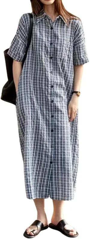 chouyatou Women's Summer Casual Short Sleeve Plaid Shirt Dress Button Down Gingham Midi Long Shift Dress