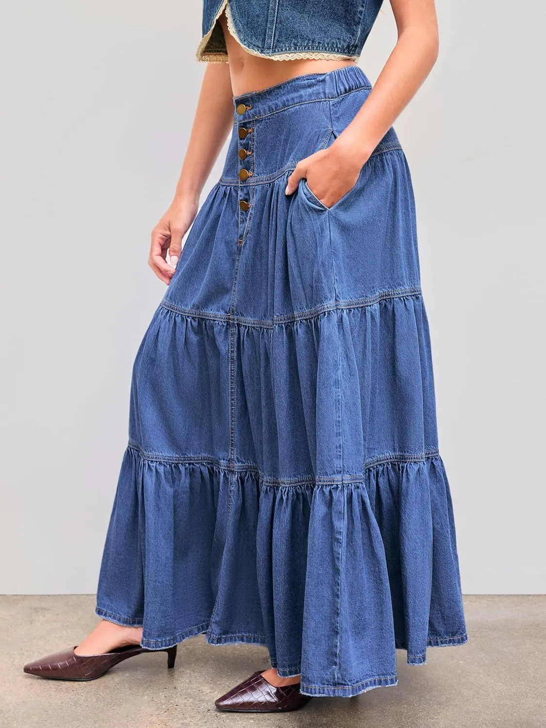 CIDER Womens Long Jean Denim Tiered Button Down High Waisted Maxi Skirts
