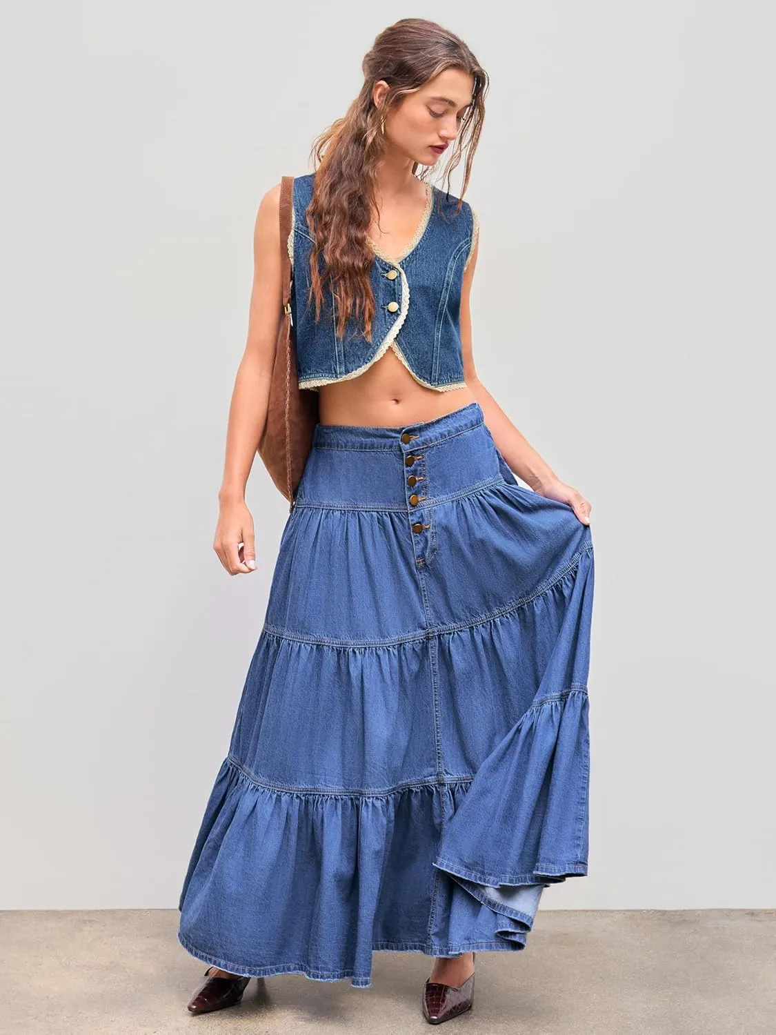 CIDER Womens Long Jean Denim Tiered Button Down High Waisted Maxi Skirts