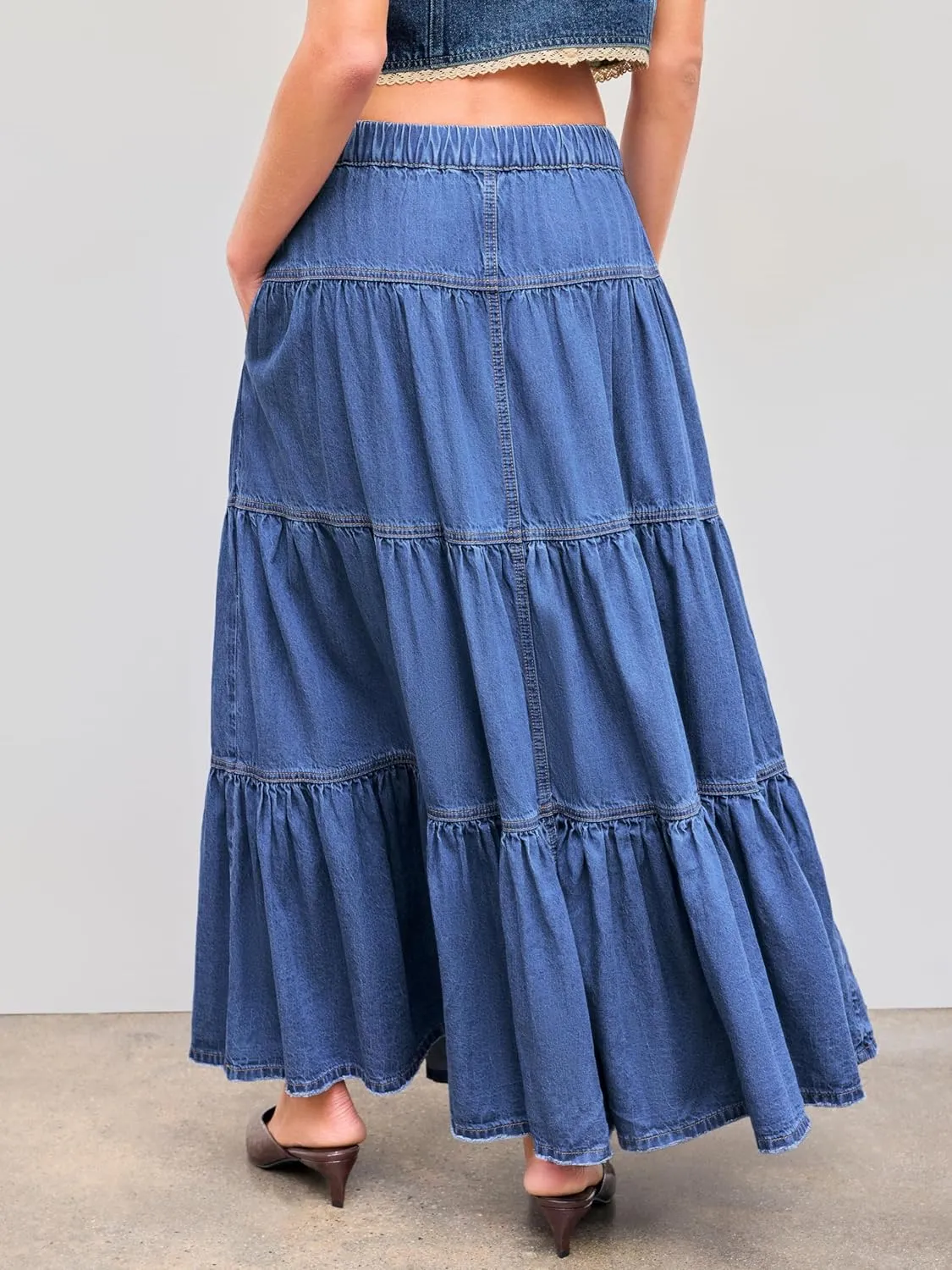CIDER Womens Long Jean Denim Tiered Button Down High Waisted Maxi Skirts