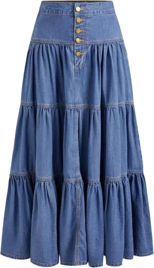 CIDER Womens Long Jean Denim Tiered Button Down High Waisted Maxi Skirts